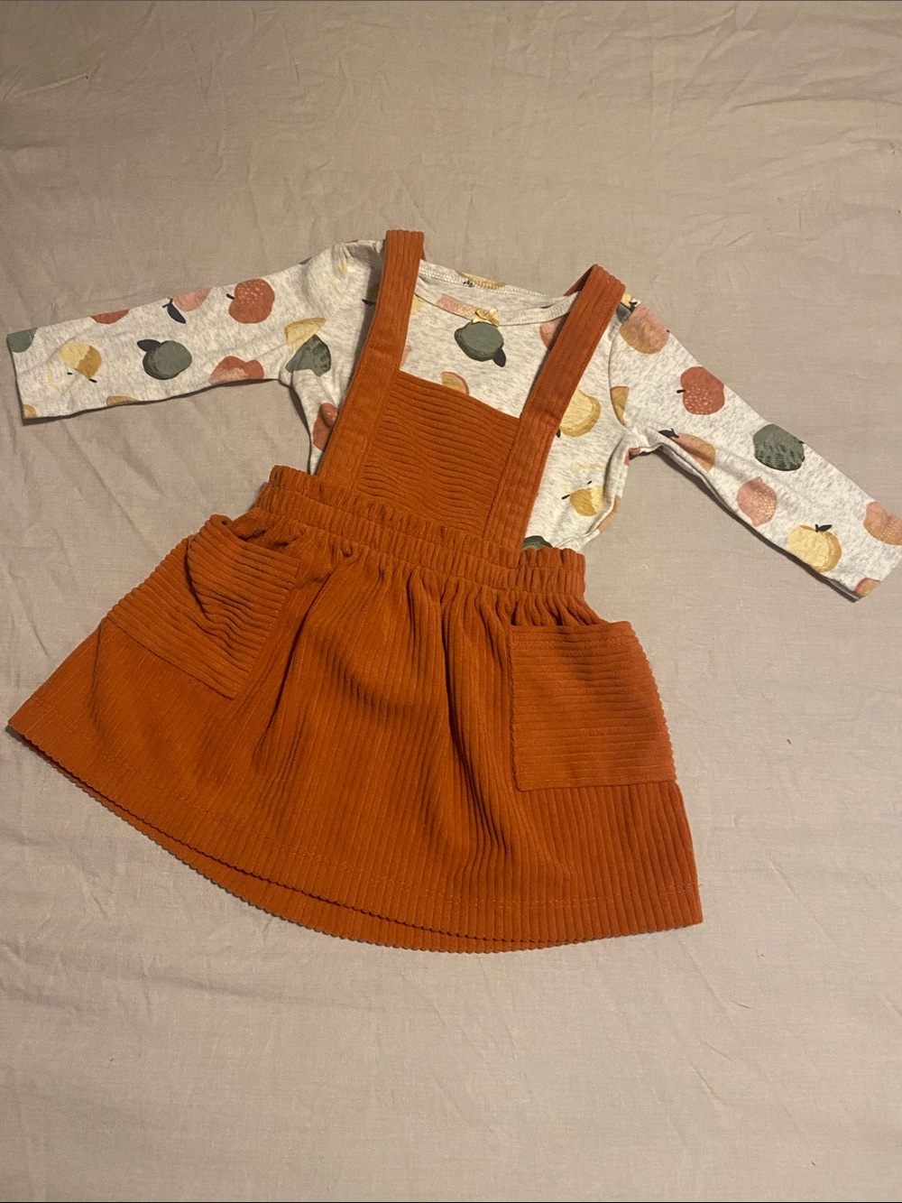 Rust Corduroy Pinafore Dress with Fruit Print Top